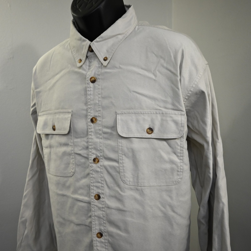 VTG Orvis Button Up Shirt Beige Long Sleeve Front Pockets Heavy Nylon Mens XL